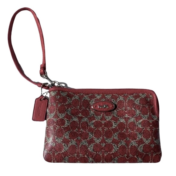 EUC Coach Burgundy/Gold-Tan Signature Coated Canvas Wristlet/Mini-Bag w/Silver - Picture 1 of 6